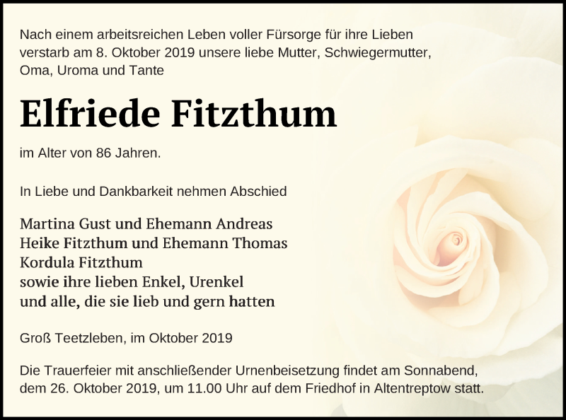  Traueranzeige für Elfriede Fitzthum vom 23.10.2019 aus Neubrandenburger Zeitung