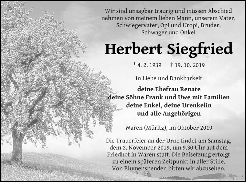  Traueranzeige für Herbert Siegfried vom 26.10.2019 aus Müritz-Zeitung