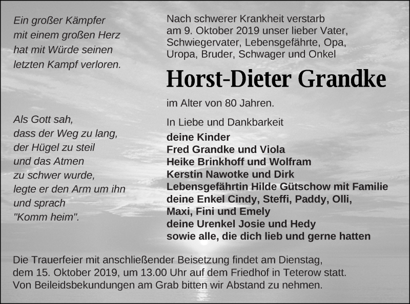  Traueranzeige für Horst-Dieter Grandke vom 11.10.2019 aus Mecklenburger Schweiz