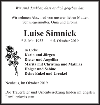 Traueranzeigen Von Luise Simnick Trauer Nordkurier