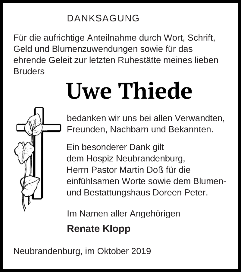  Traueranzeige für Uwe Thiede vom 22.10.2019 aus Neubrandenburger Zeitung