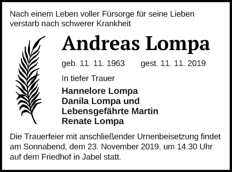  Traueranzeige für Andreas Lompa vom 15.11.2019 aus Müritz-Zeitung