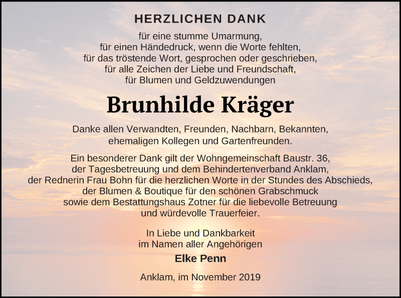  Traueranzeige für Brunhilde Kräger vom 30.11.2019 aus Vorpommern Kurier