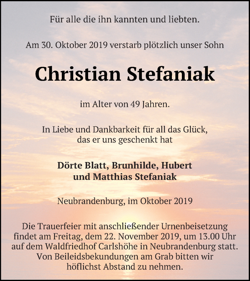  Traueranzeige für Christian Stefaniak vom 15.11.2019 aus Neubrandenburger Zeitung