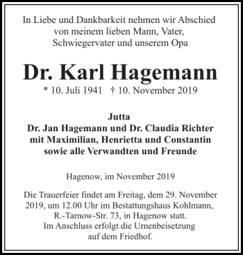 Traueranzeigen Von Dr Karl Hagemann Trauer Nordkurier