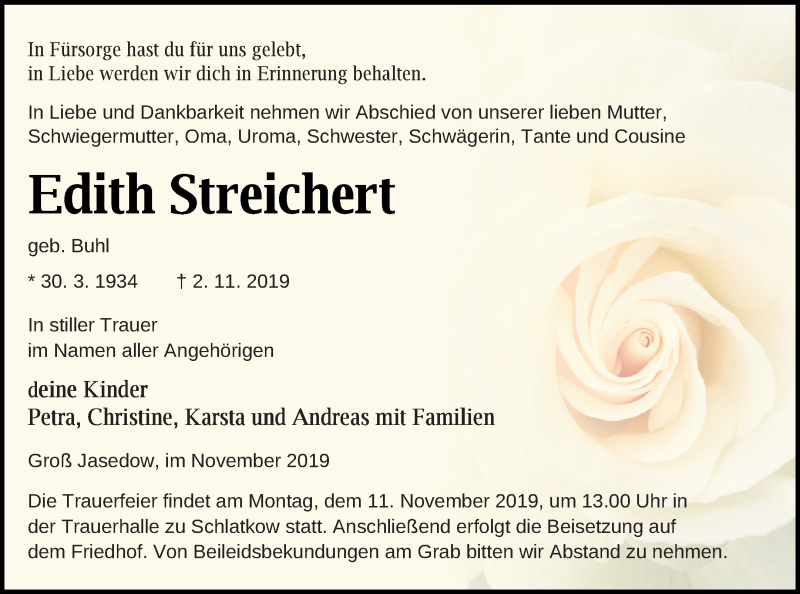  Traueranzeige für Edith Streichert vom 06.11.2019 aus Vorpommern Kurier