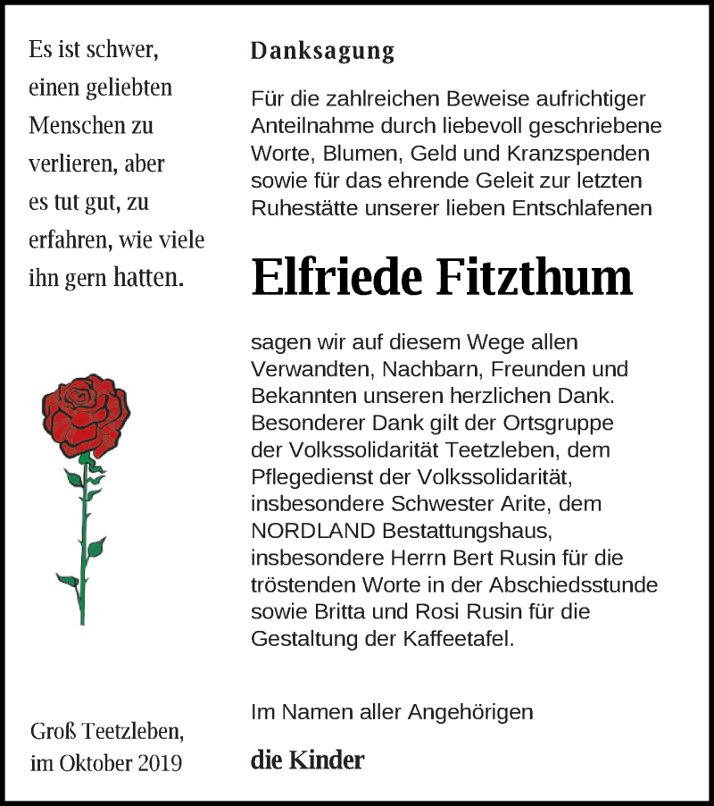  Traueranzeige für Elfriede Fitzthum vom 12.11.2019 aus Neubrandenburger Zeitung