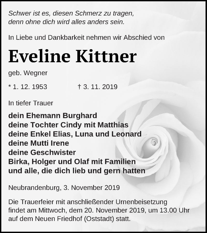  Traueranzeige für Eveline Kittner vom 08.11.2019 aus Neubrandenburger Zeitung