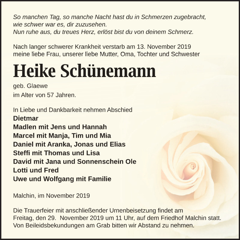  Traueranzeige für Heike Schünemann vom 22.11.2019 aus Mecklenburger Schweiz