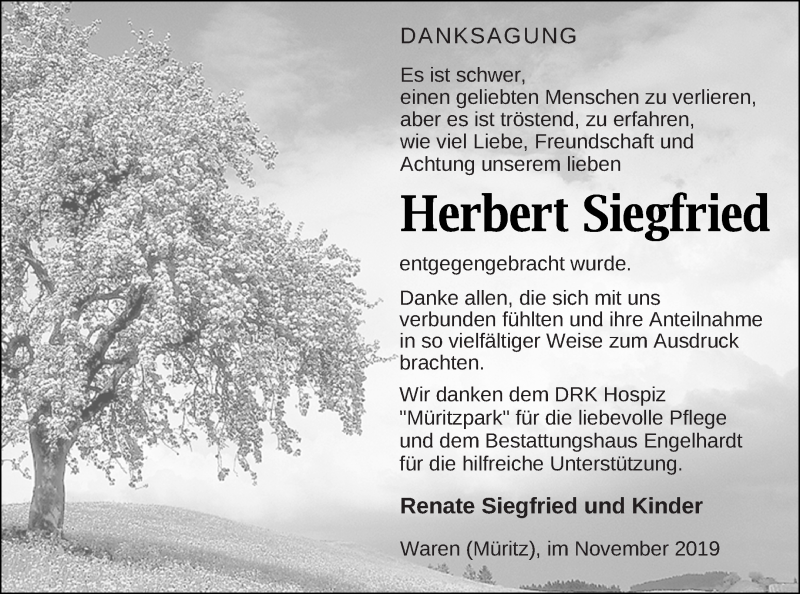  Traueranzeige für Herbert Siegfried vom 08.11.2019 aus Müritz-Zeitung