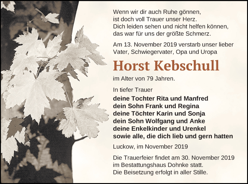  Traueranzeige für Horst Kebschull vom 21.11.2019 aus Haff-Zeitung