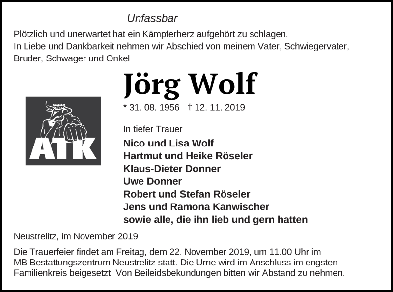  Traueranzeige für Jörg Wolf vom 16.11.2019 aus Strelitzer Zeitung