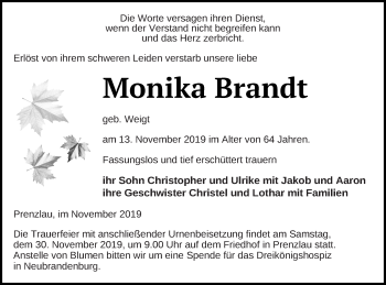 Traueranzeigen Von Monika Brandt Trauer Nordkurier