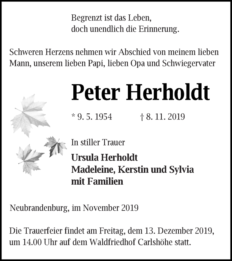  Traueranzeige für Peter Herholdt vom 15.11.2019 aus Neubrandenburger Zeitung