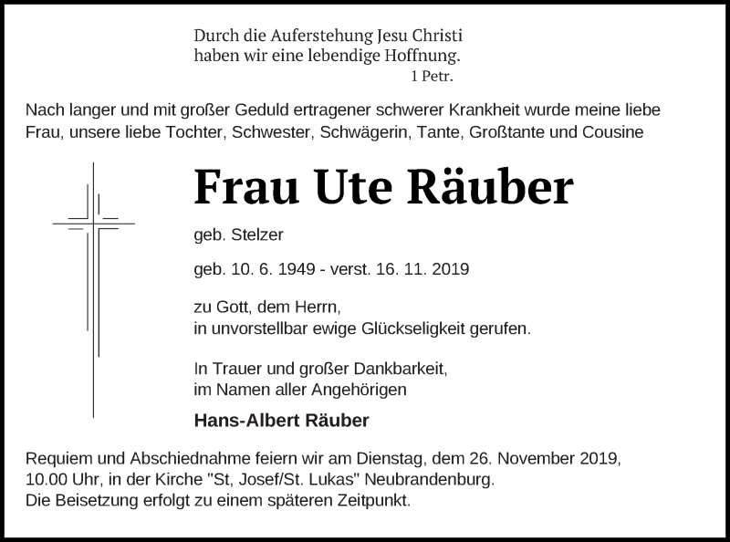  Traueranzeige für Ute Räuber vom 19.11.2019 aus Neubrandenburger Zeitung