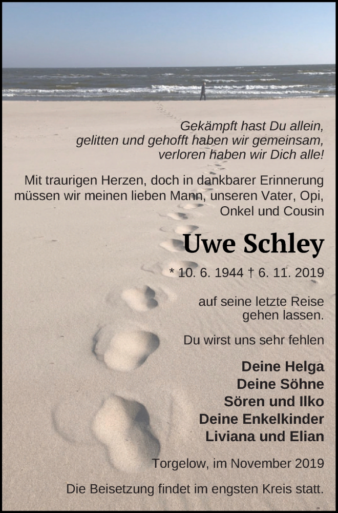  Traueranzeige für Uwe Schley vom 16.11.2019 aus Haff-Zeitung