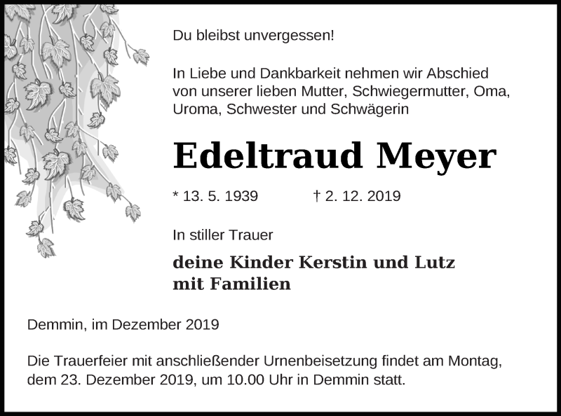  Traueranzeige für Edeltraud Meyer vom 06.12.2019 aus Demminer Zeitung