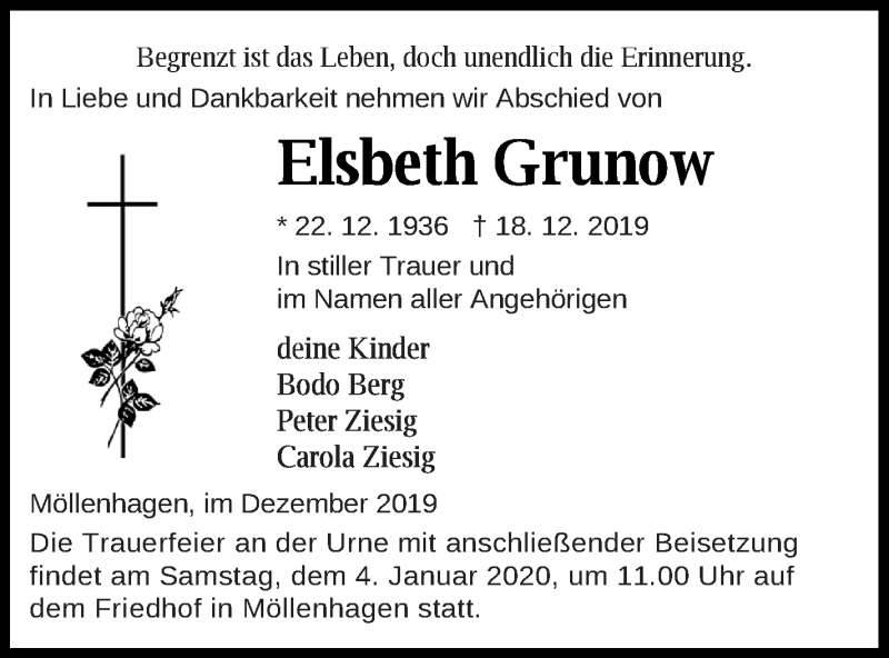  Traueranzeige für Elsbeth Grunow vom 27.12.2019 aus Müritz-Zeitung