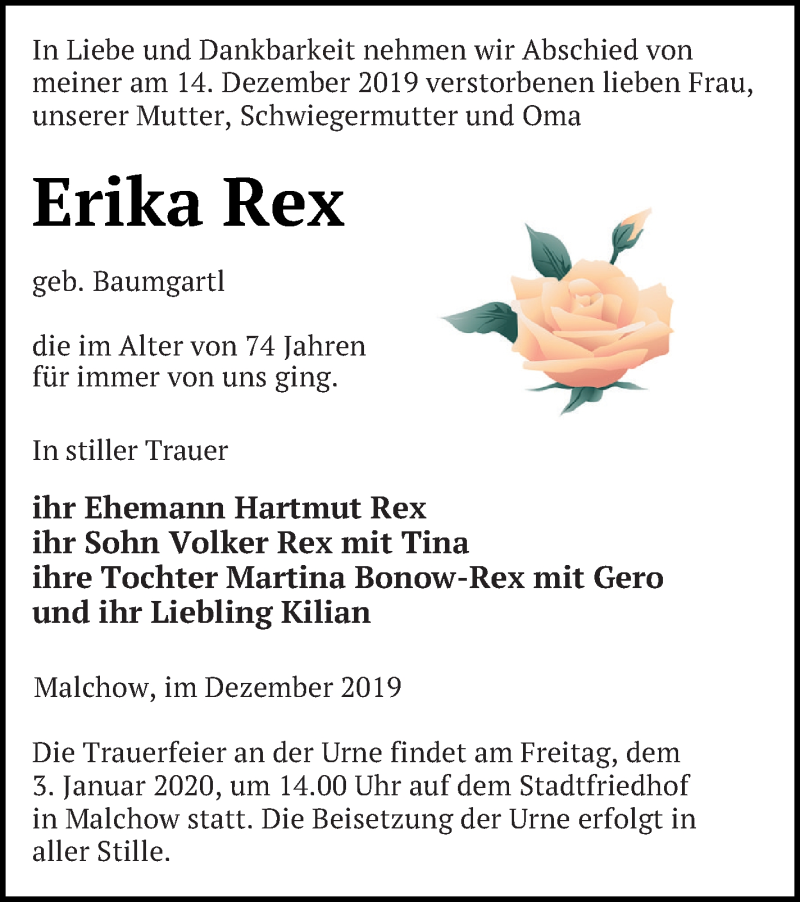 Traueranzeige für Erika Rex vom 18.12.2019 aus Müritz-Zeitung