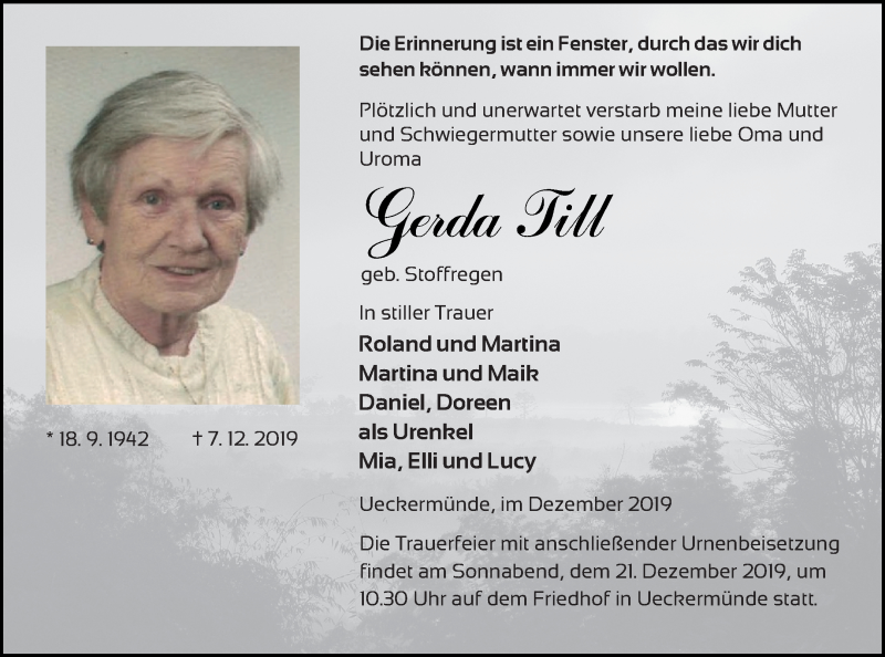  Traueranzeige für Gerda Till vom 14.12.2019 aus Haff-Zeitung