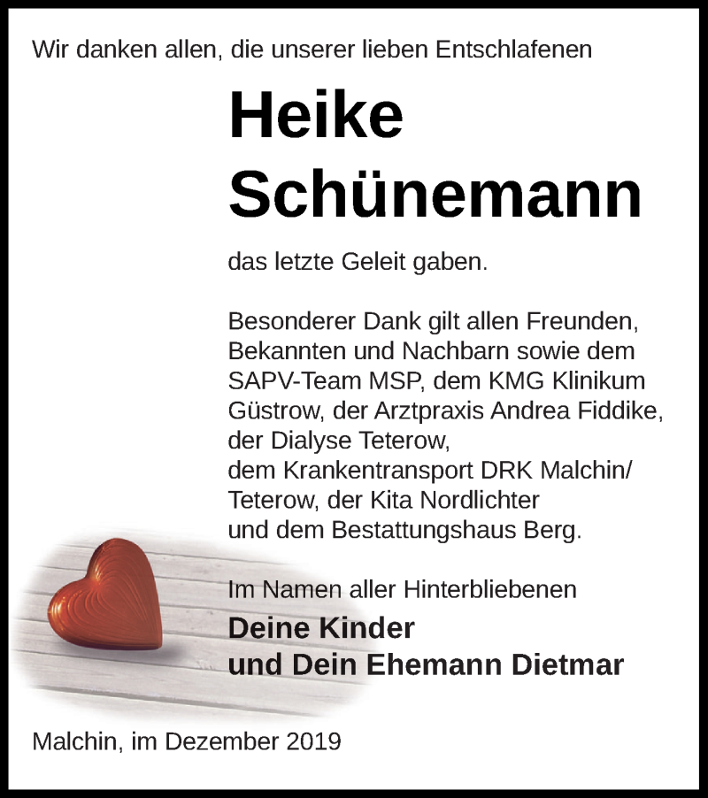  Traueranzeige für Heike Schünemann vom 06.12.2019 aus Mecklenburger Schweiz
