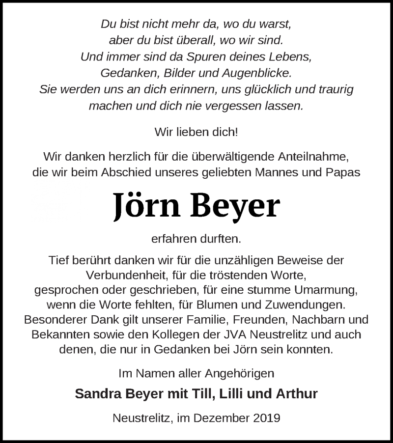  Traueranzeige für Jörn Beyer vom 28.12.2019 aus Strelitzer Zeitung