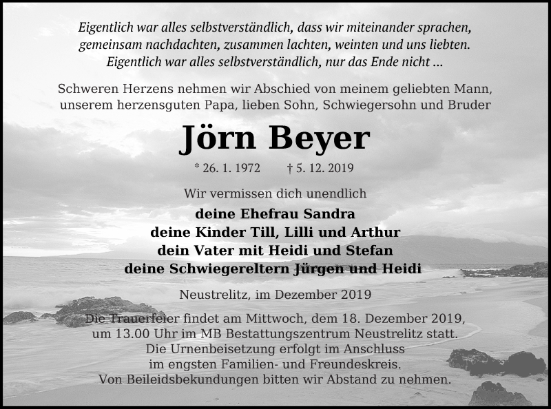  Traueranzeige für Jörn Beyer vom 12.12.2019 aus Strelitzer Zeitung