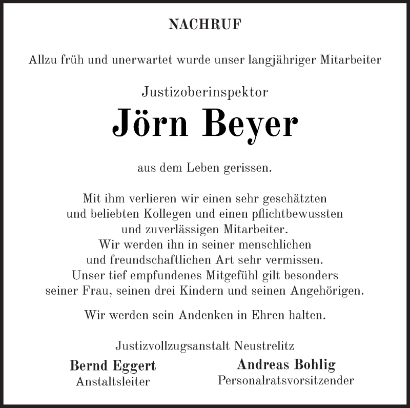  Traueranzeige für Jörn Beyer vom 18.12.2019 aus Strelitzer Zeitung