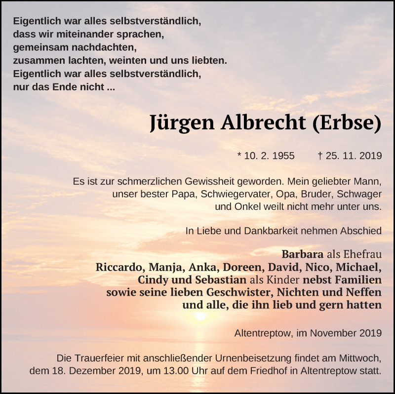  Traueranzeige für Jürgen Albrecht vom 11.12.2019 aus Neubrandenburger Zeitung