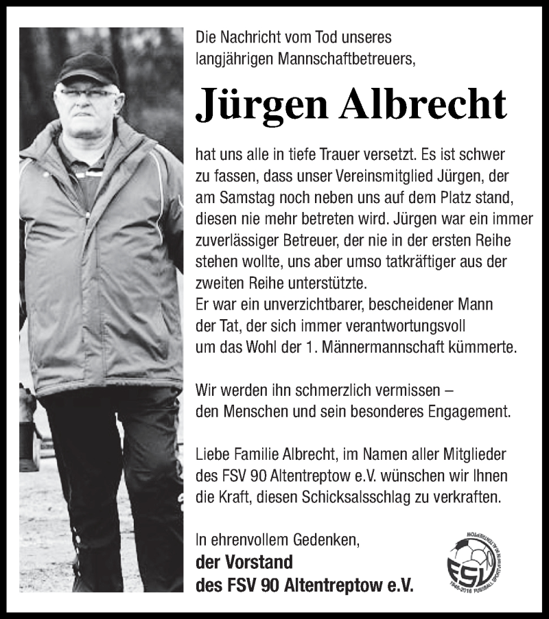  Traueranzeige für Jürgen Albrecht vom 14.12.2019 aus Treptower Tageblatt