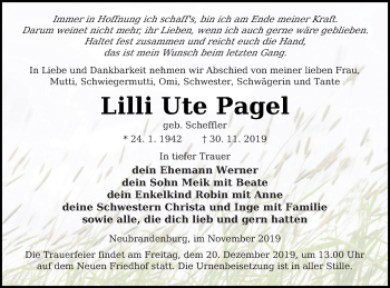 Traueranzeigen Von Lilli Ute Pagel Trauer Nordkurier