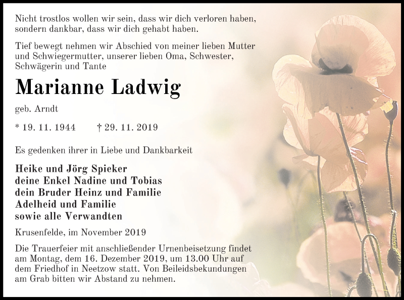  Traueranzeige für Marianne Ladwig vom 07.12.2019 aus Vorpommern Kurier