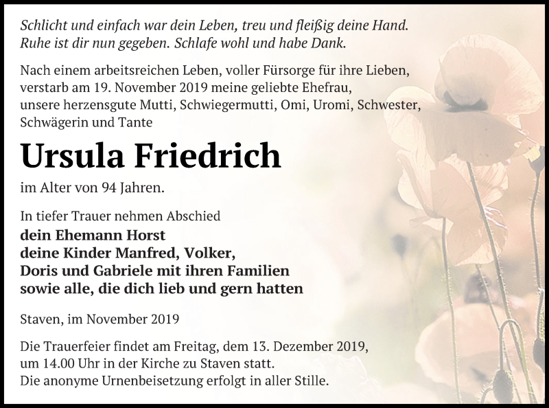  Traueranzeige für Ursula Friedrich vom 06.12.2019 aus Neubrandenburger Zeitung