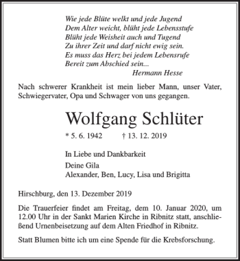 Traueranzeigen von Wolfgang Schlüter Trauer Nordkurier