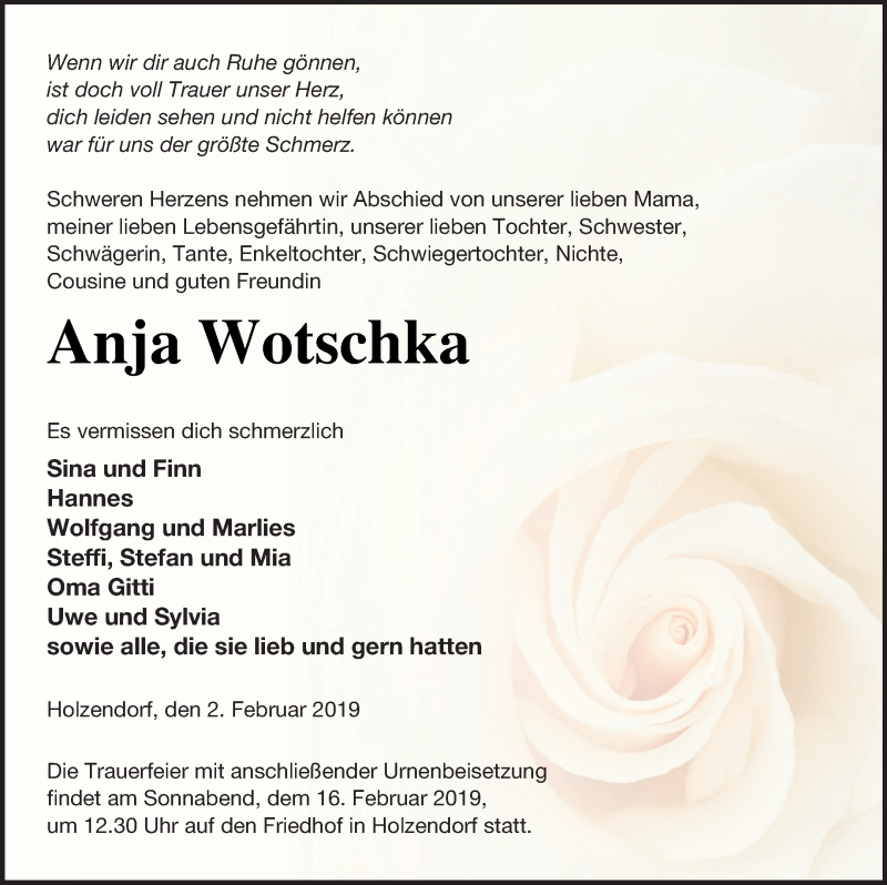  Traueranzeige für Anja Wotschka vom 08.02.2019 aus Strelitzer Zeitung