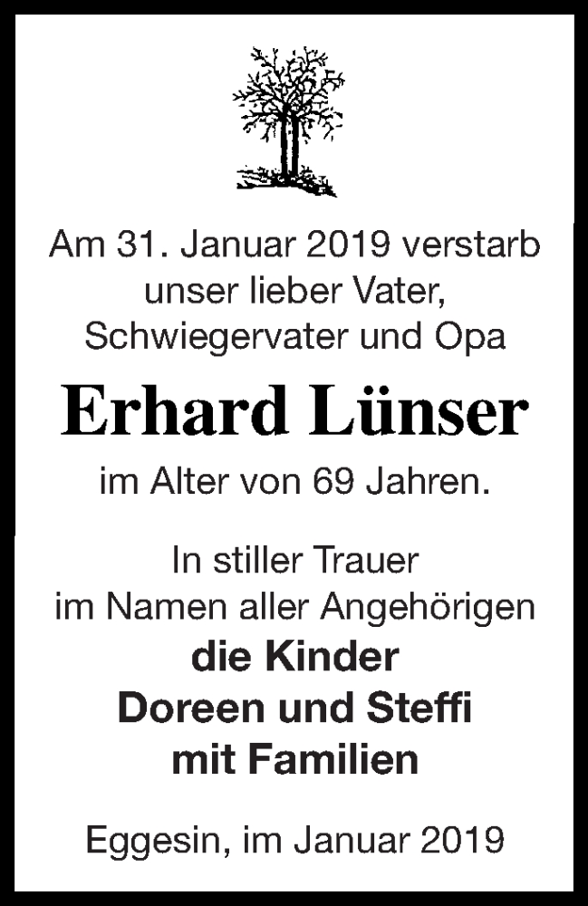  Traueranzeige für Erhard Lünser vom 06.02.2019 aus Haff-Zeitung