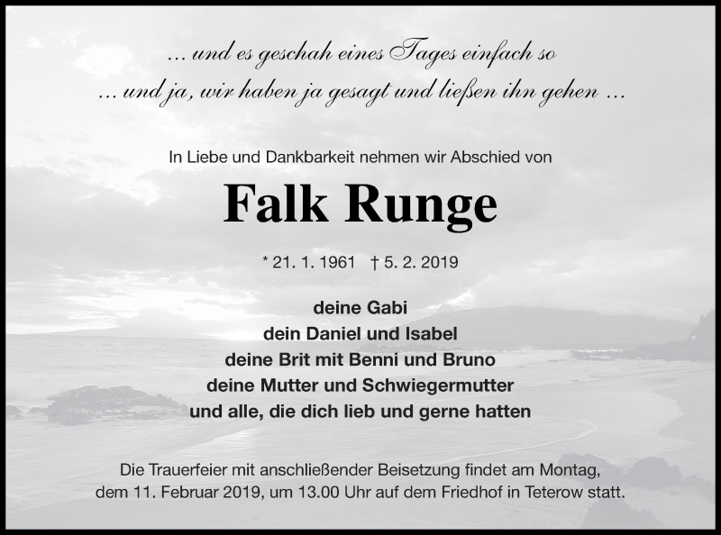  Traueranzeige für Falk Runge vom 07.02.2019 aus Mecklenburger Schweiz
