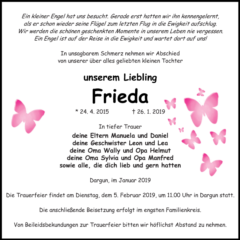  Traueranzeige für Frieda  vom 01.02.2019 aus Mecklenburger Schweiz