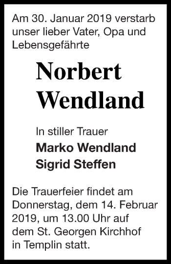 Traueranzeigen Von Norbert Wendland Trauer Nordkurier