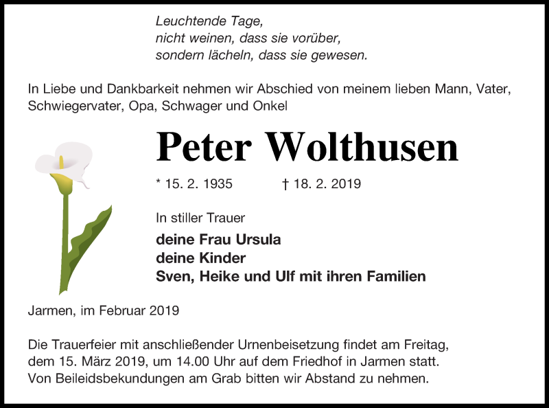 Traueranzeige für Peter Wolthusen vom 22.02.2019 aus Vorpommern Kurier