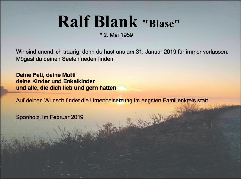  Traueranzeige für Ralf Blank vom 09.02.2019 aus Neubrandenburger Zeitung