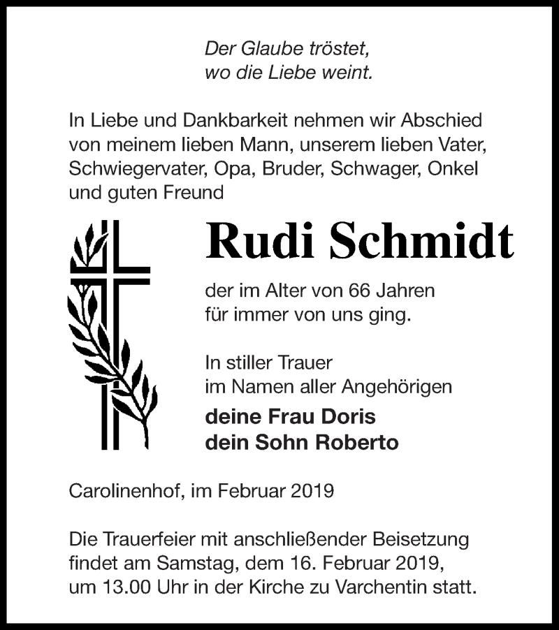  Traueranzeige für Rudi Schmidt vom 13.02.2019 aus Müritz-Zeitung