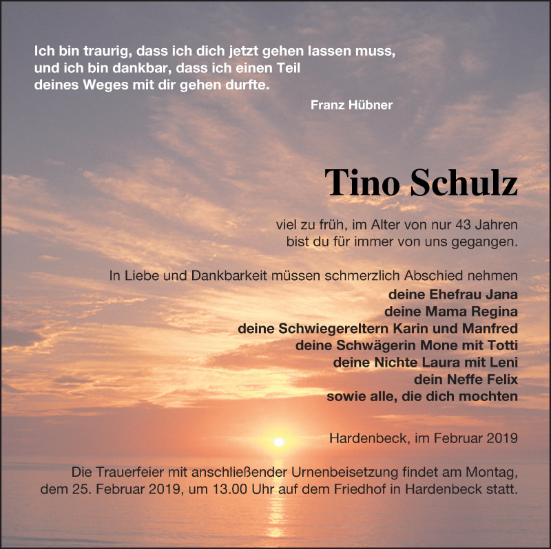  Traueranzeige für Tino Schulz vom 12.02.2019 aus Templiner Zeitung