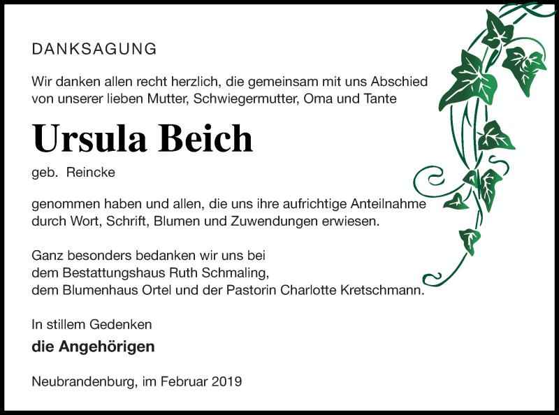  Traueranzeige für Ursula Beich vom 26.02.2019 aus Neubrandenburger Zeitung
