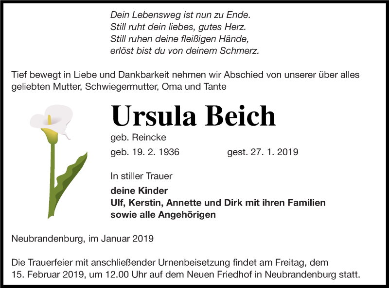  Traueranzeige für Ursula Beich vom 02.02.2019 aus Neubrandenburger Zeitung