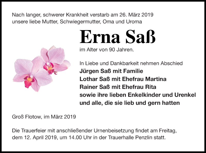  Traueranzeige für Erna Saß vom 30.03.2019 aus Müritz-Zeitung