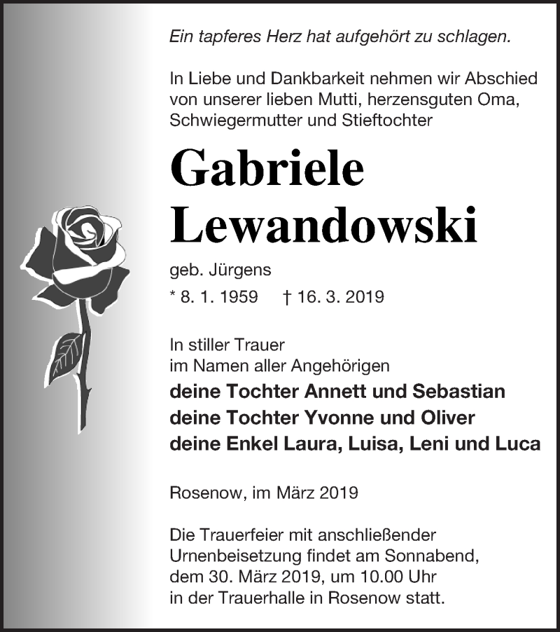  Traueranzeige für Gabriele Lewandowski vom 22.03.2019 aus Neubrandenburger Zeitung