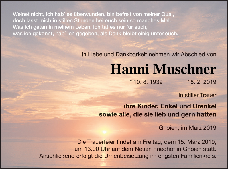  Traueranzeige für Hanni Muschner vom 08.03.2019 aus Mecklenburger Schweiz