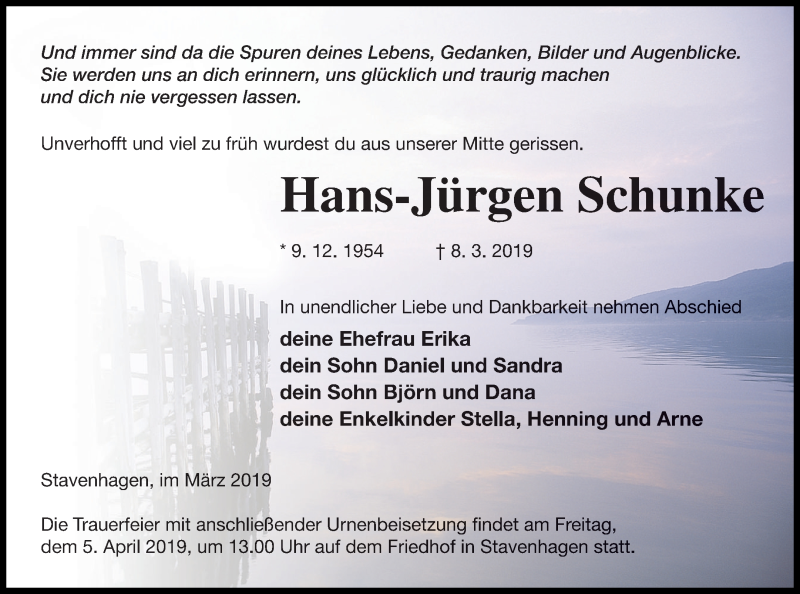  Traueranzeige für Hans-Jürgen Schunke vom 22.03.2019 aus Mecklenburger Schweiz