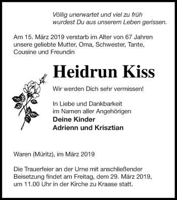 Traueranzeigen Von Heidrun Kiss Trauer Nordkurier